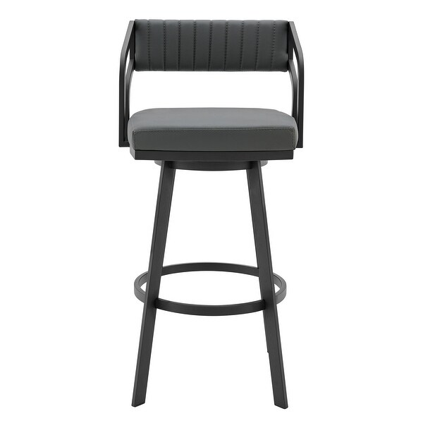 30 Inch Swivel Barstool Chair， Open Sloped Arms， Gray Faux Leather， Black