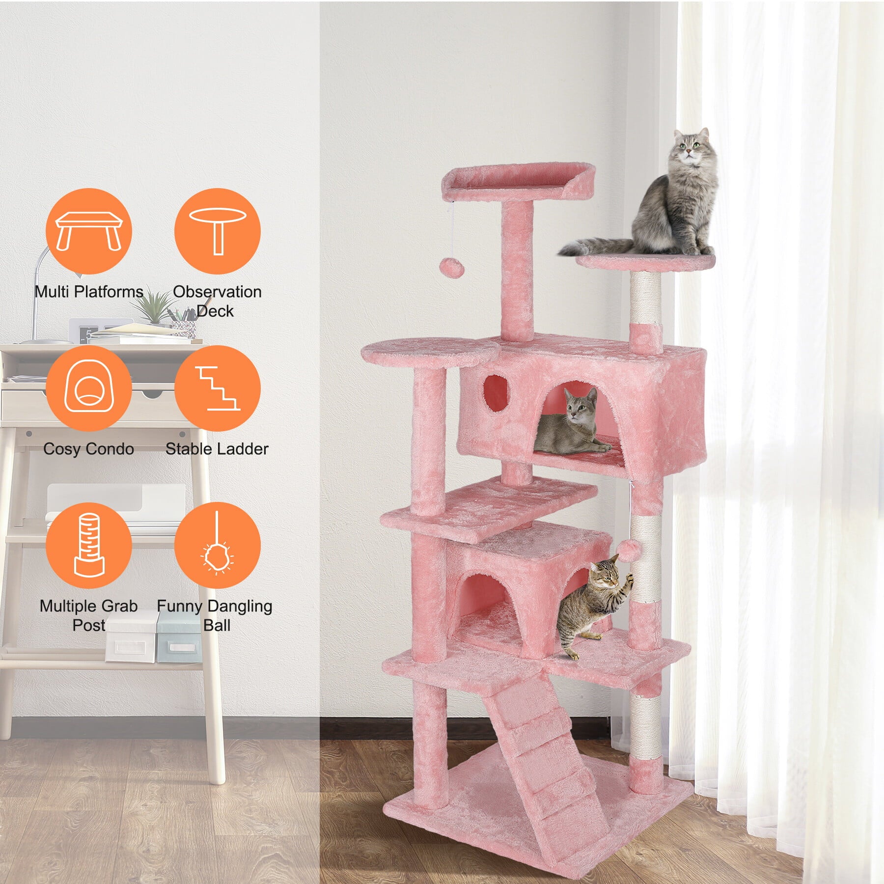 ZENSTYLE 55-in H Cat Tree and Condo Scratching Post Tower， Pink