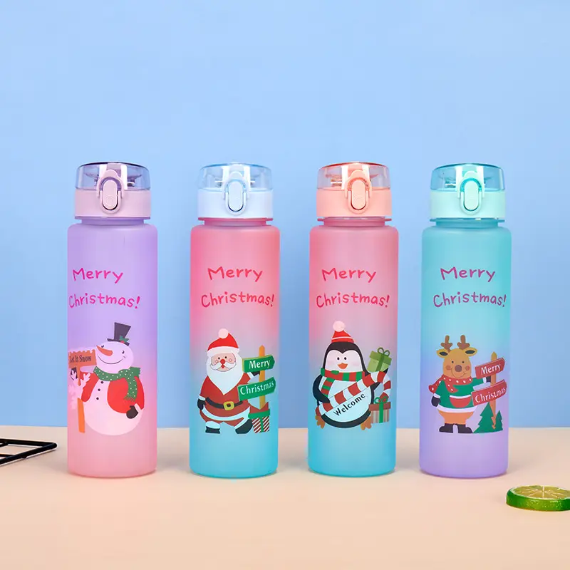 China Factory Direct Christmas Gradient Plastic Water Bottle Transparent Lid Bounce Cup Lid Cup for Student