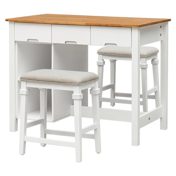 Farmhouse Kitchen Island set， including 2 stools and dining table with lockers， drawers and fallen leaves