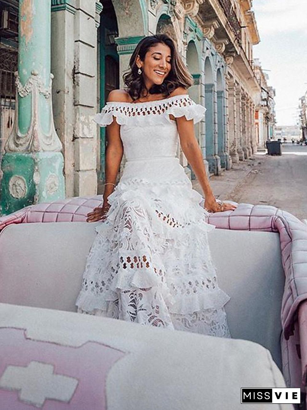 Women's A-Line Dress Maxi long Dress - Short Sleeve Solid Color Ruffle Spring & Summer Off Shoulder Hot Holiday Beach vacation dresses Lace White S M L XL White Dresses