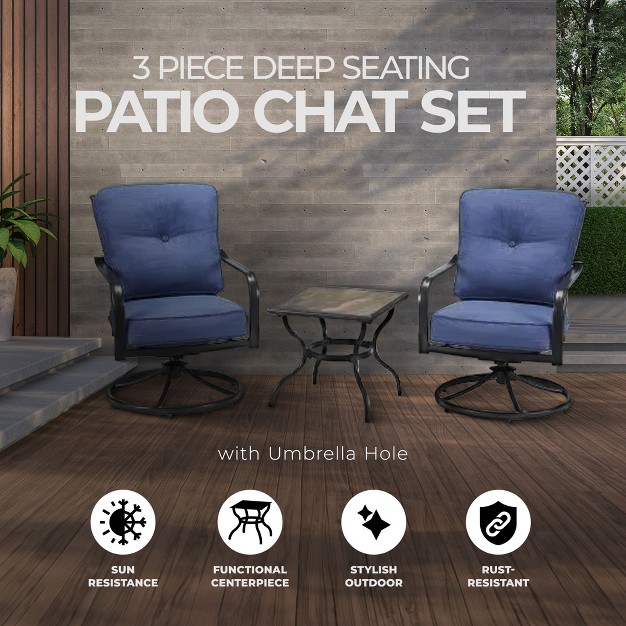 Four Seasons Courtyard Beaumont 3 Piece Deep Seating Outdoor Patio Chat Furniture Set With 2 Swivel Cushioned Chairs And Square Side Table Gray brown