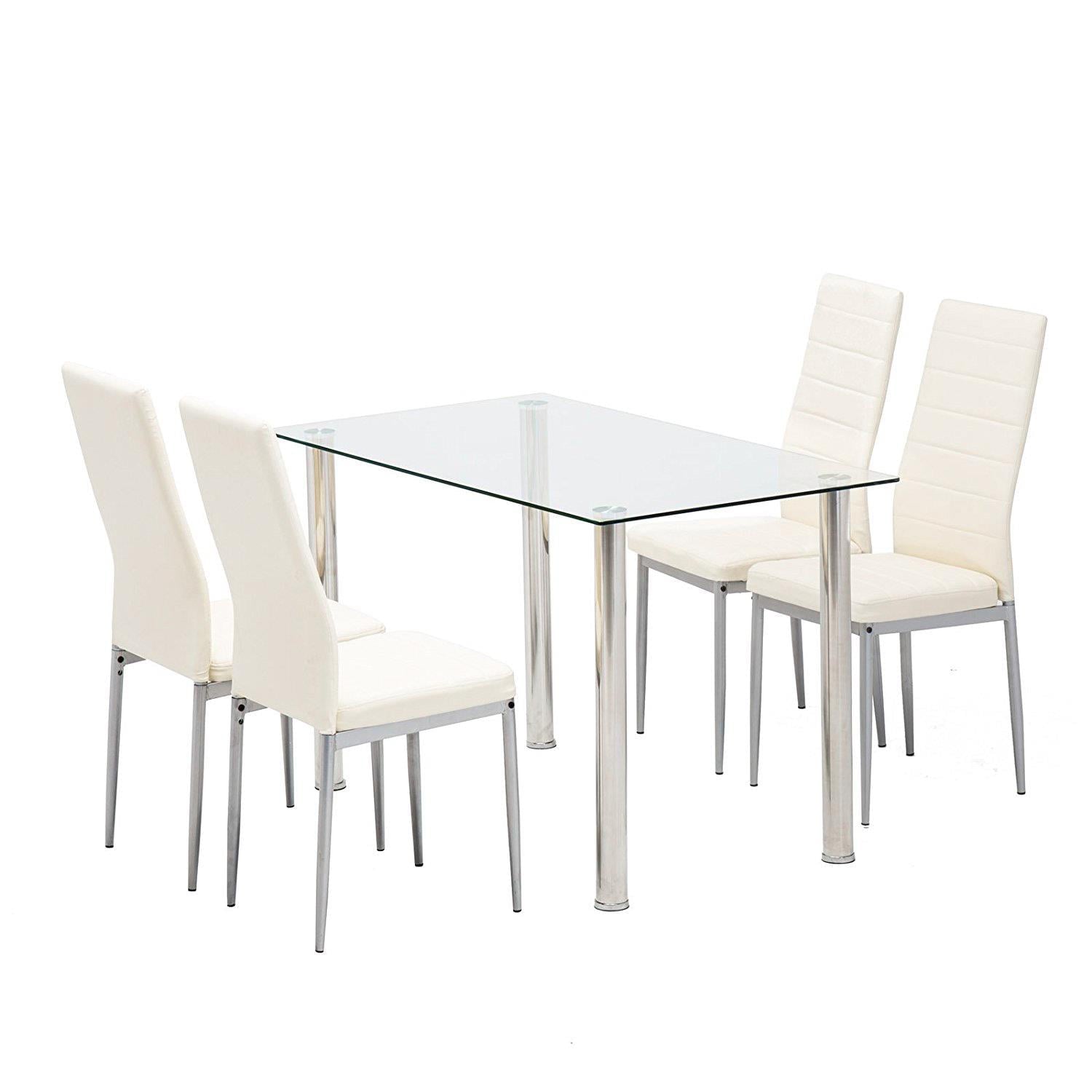 Ktaxon 5 Piece Dining Table Set Dining Table & 4 Leather Chairs,Glass Top Kitchen Dining Room Furniture,White