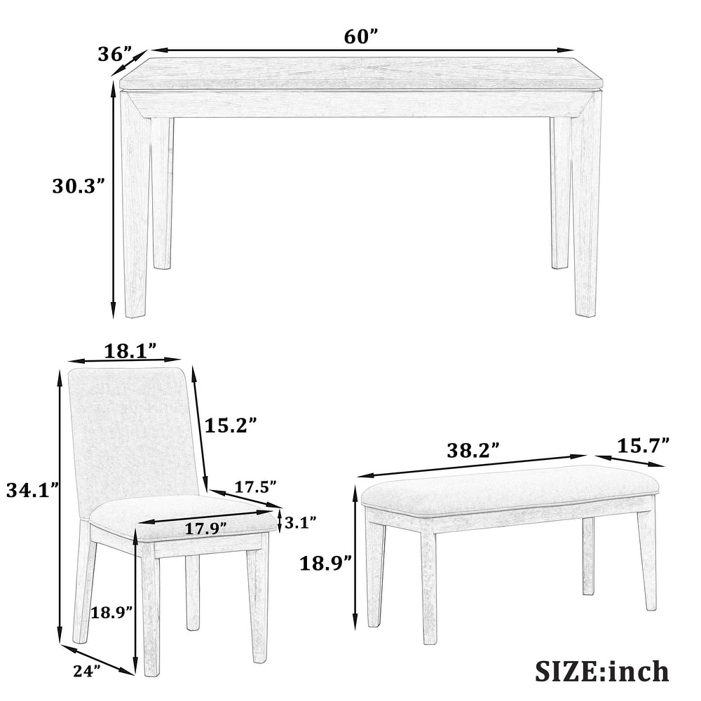 Rectangular 6 Pc Dining Table Set w/4 Padded Backs Chair and Bench