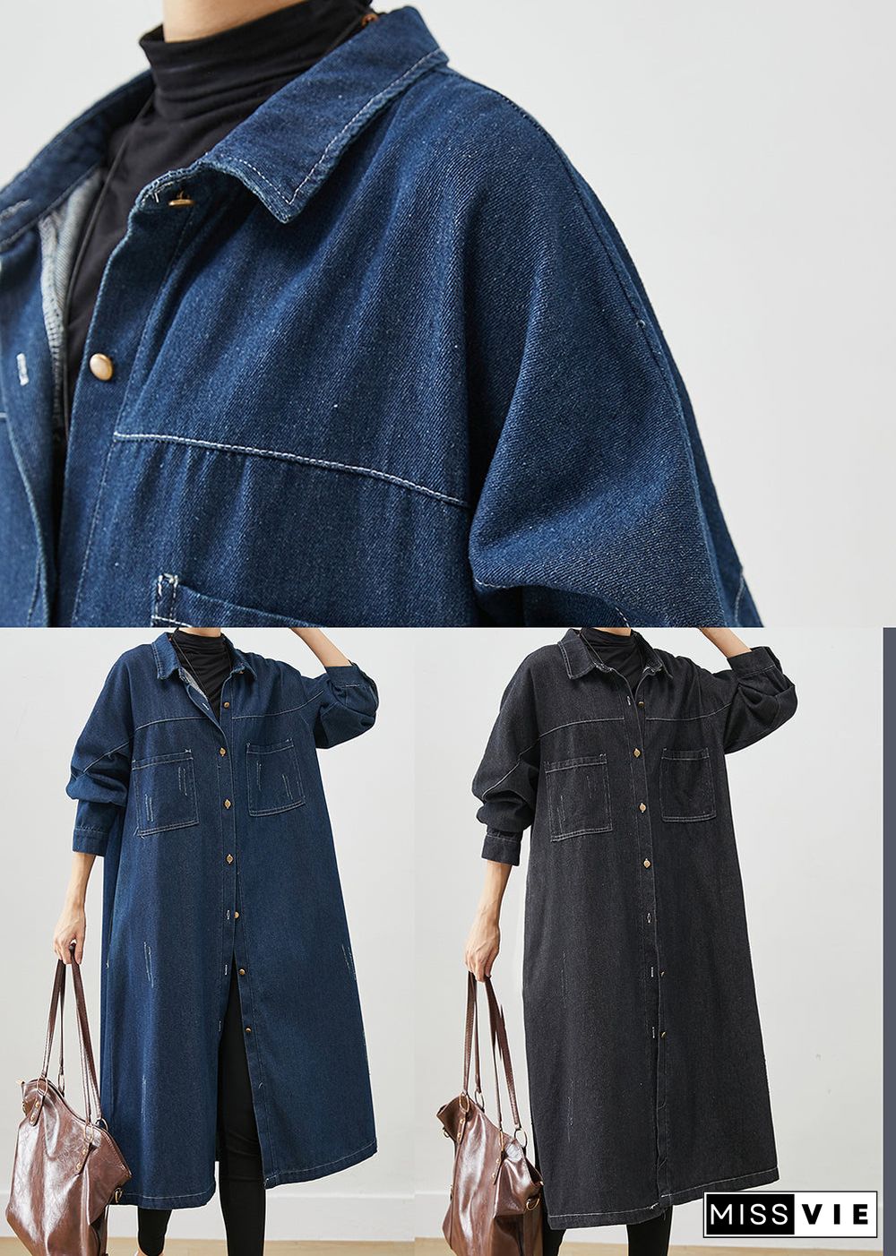 Navy Denim Trench Coats Oversized Pockets Fall