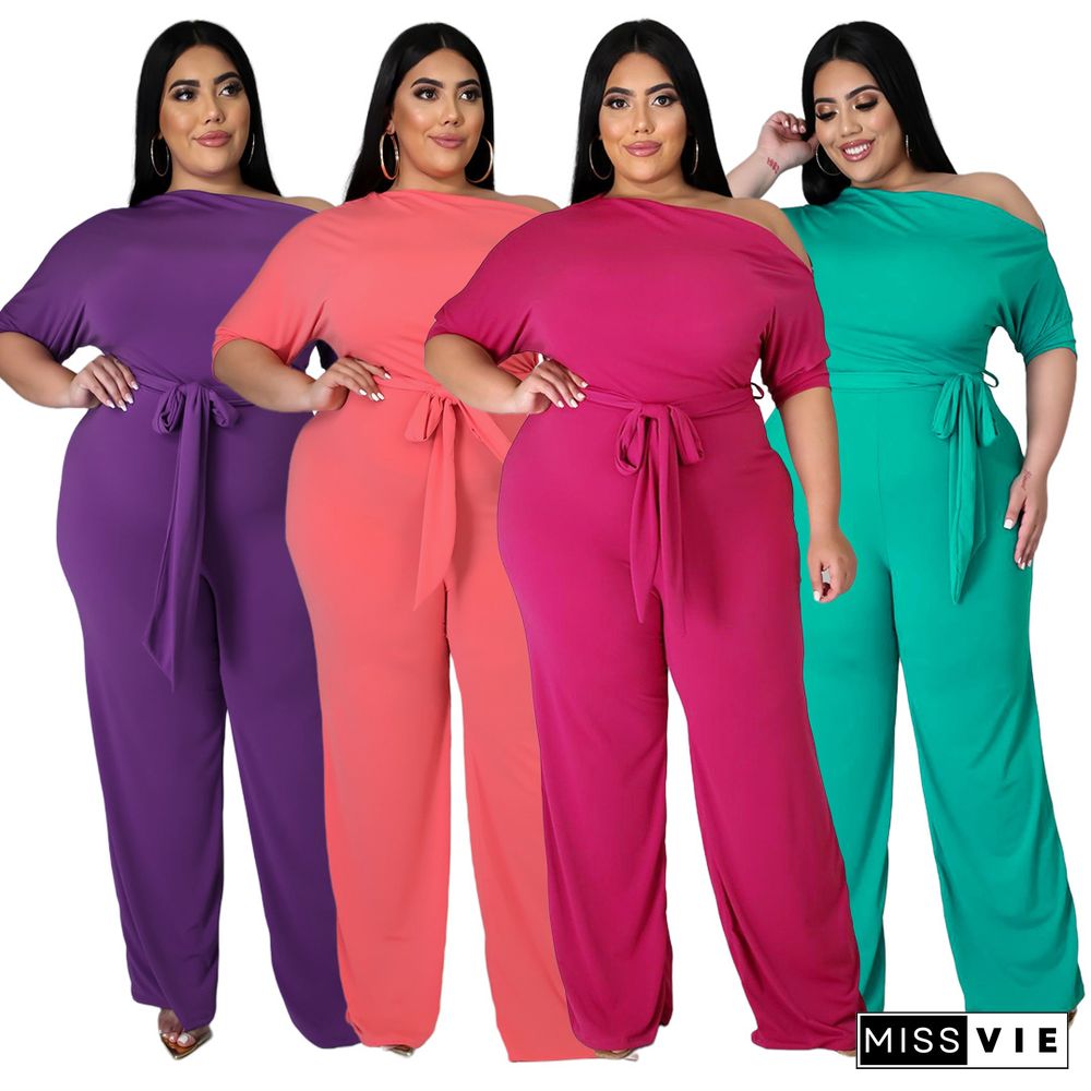 Plus Size Solid Color Short Sleeve Wide-leg Loose Jumpsuit