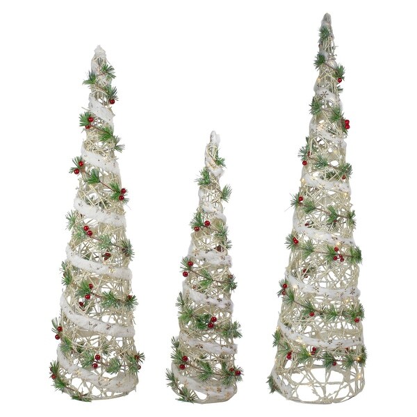 Set of 3 Lighted White Berry and Pine Needle Cone Tree Christmas Decorations