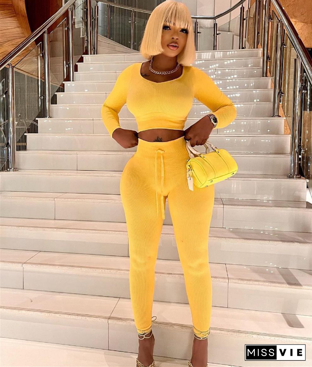 Yellow Knitted Crop Top 2 Piece Jogging Pants Sets