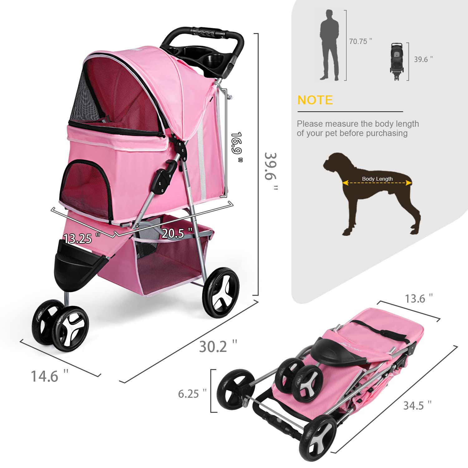 Pet Stroller 3 Wheel Foldable Cat Dog Stroller with Storage Basket and Cup Holder for Small and Medium Cats， Dogs， Puppy (Pink)