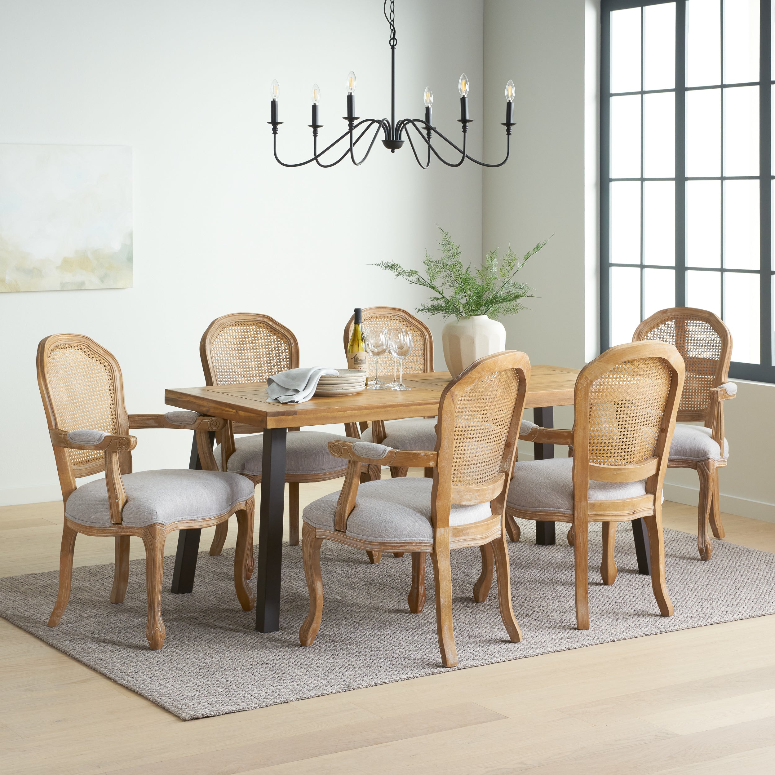 Aldrich Farmhouse Fabric Upholstered Wood and Cane 7 Piece Dining Set