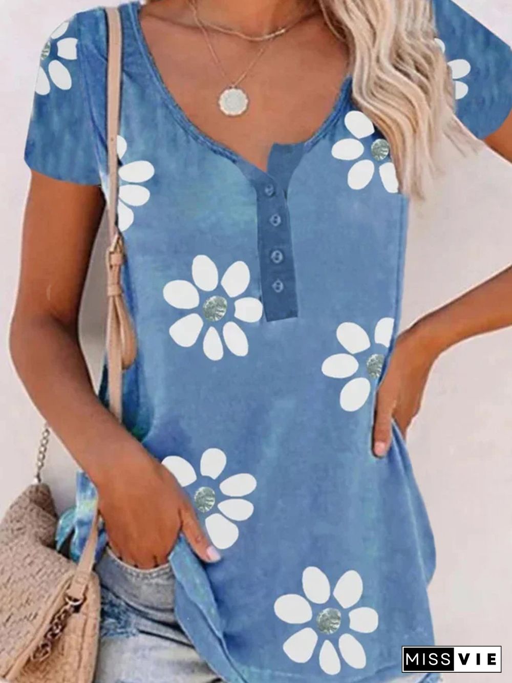 Casual Floral Short Sleeve V Neck Plus Size Printed Tops T-shirts