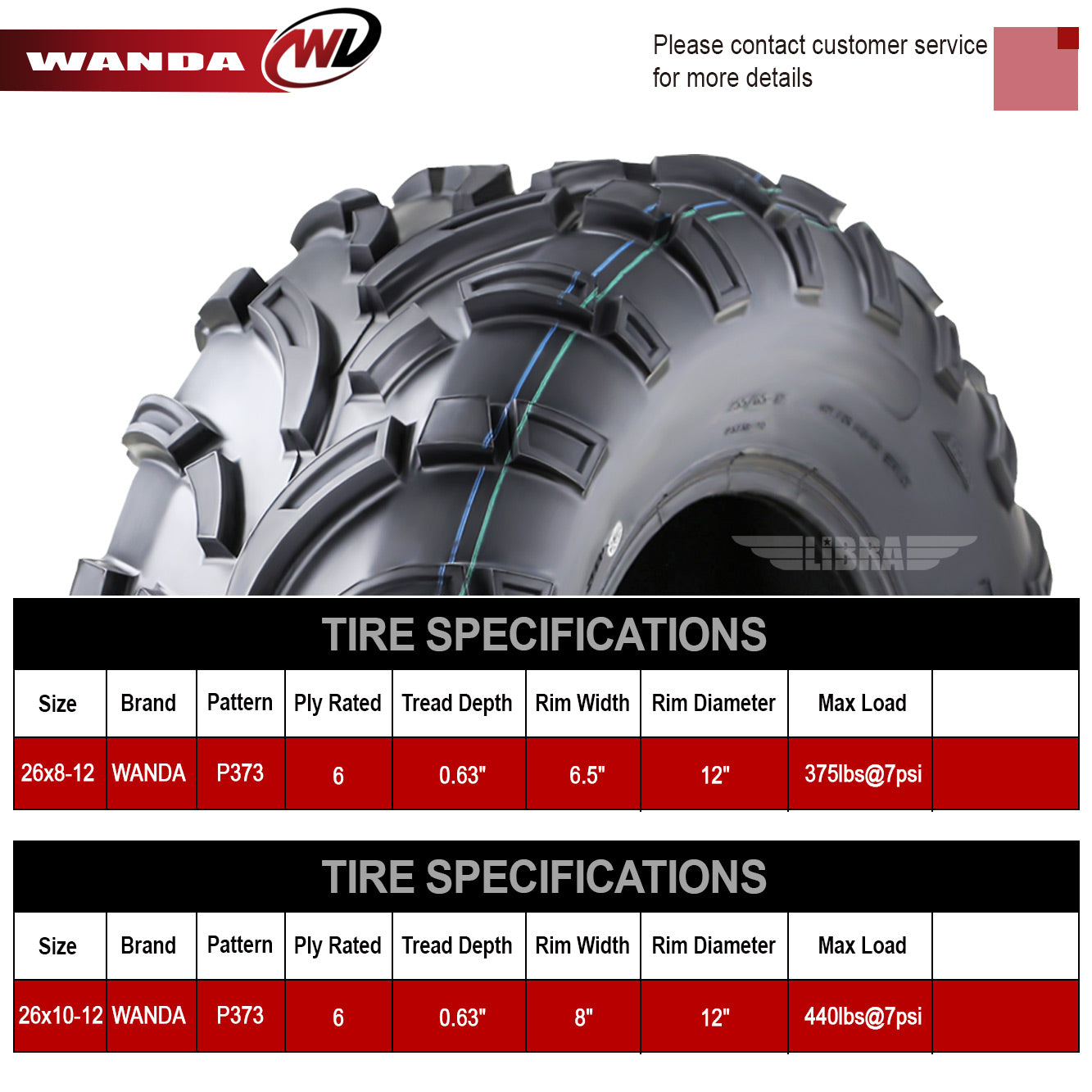 Set of 4 WANDA ATV/UTV Tires 26x8-12 26x8x12 Front and 26x10-12 26x10x12 Rear /6PR - 10257/10258