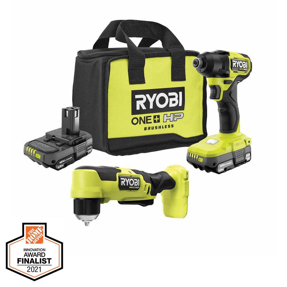 RYOBI ONE+ HP 18V Brushless Cordless Compact 14 in. Impact Driver and 38 in. Right Angle Drill with (2) Batteries Charger PSBID01K-PSBRA02B