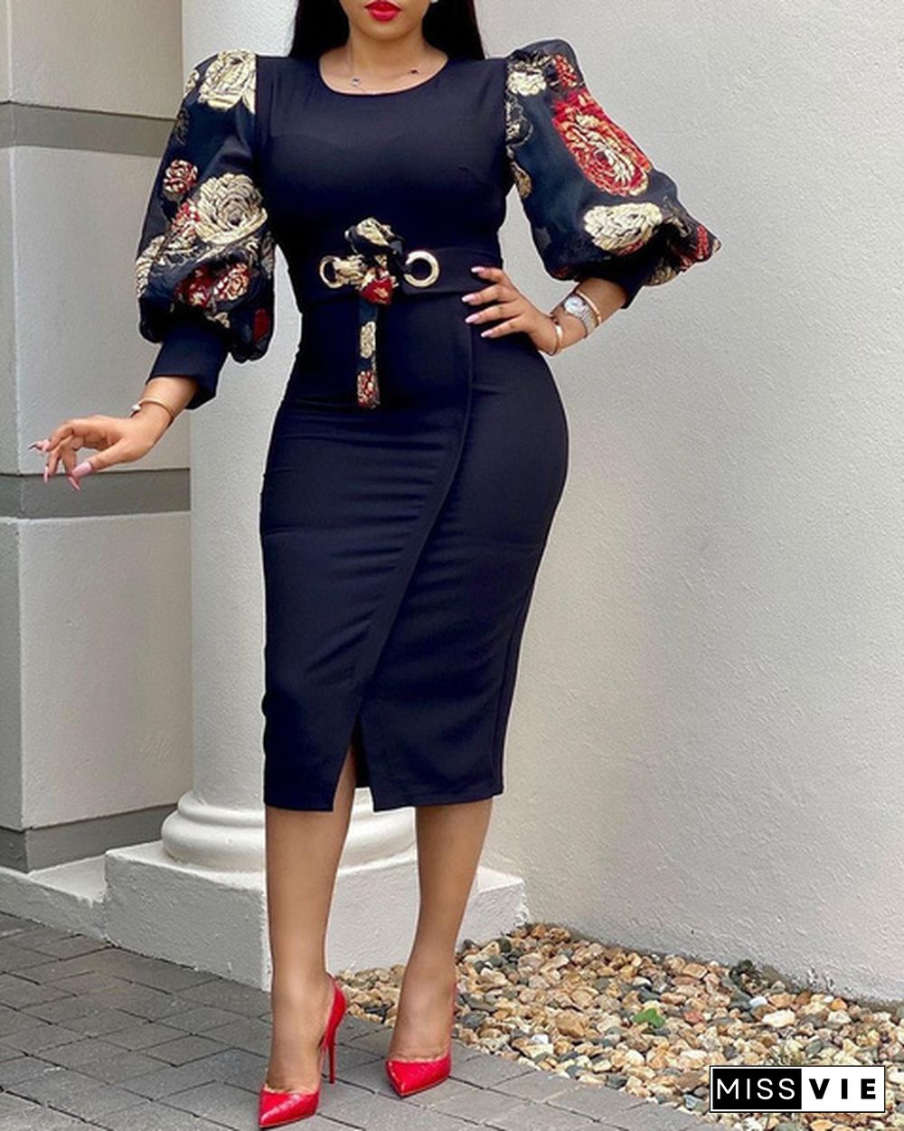 Women Elegant Bodycon Dresses O Neck Three Quater Sleeves High Waist Office Ladies Work Wear Package Hip African Fashion Plus Size