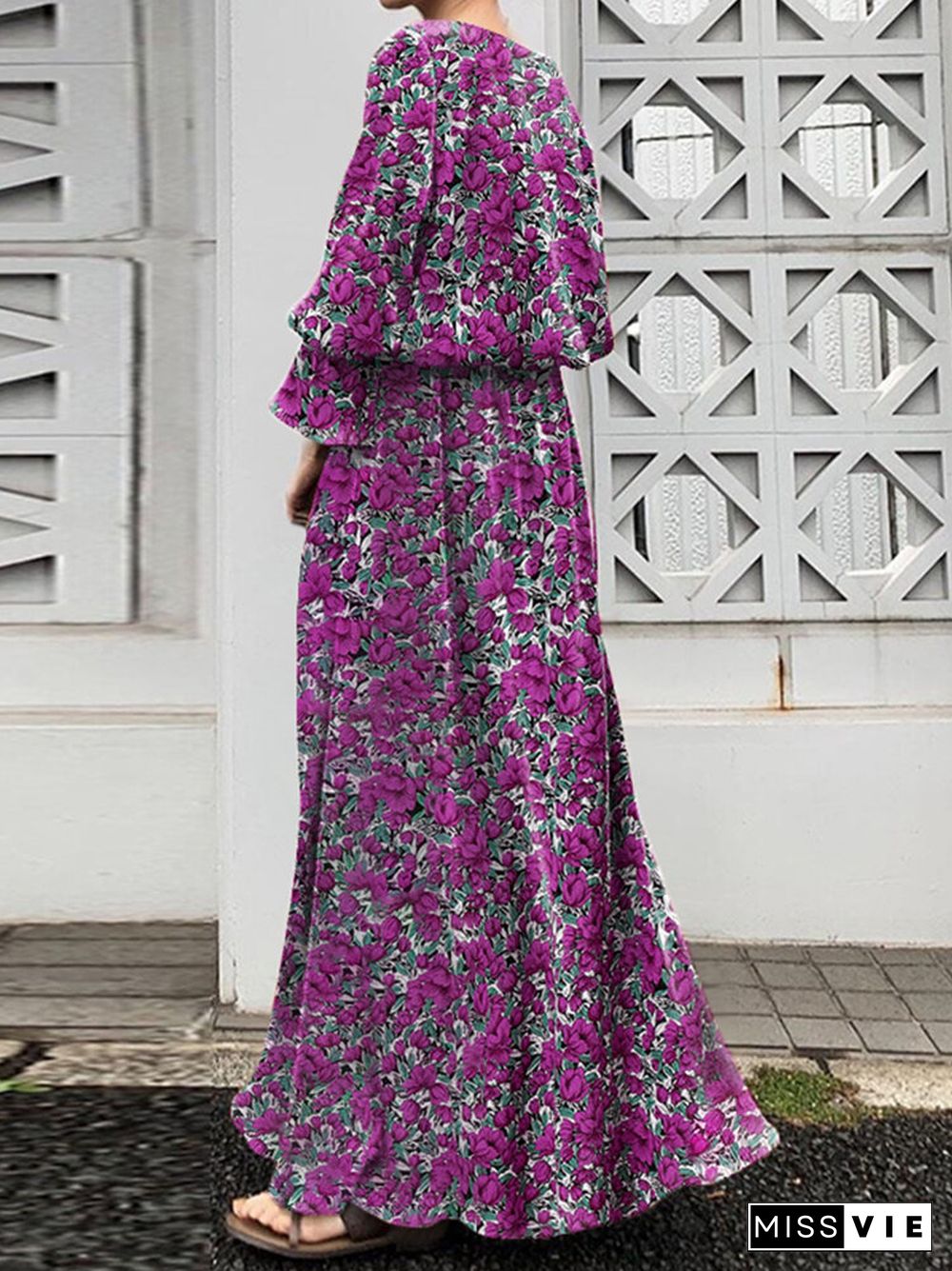 Floral Print Slit Long Bell Sleeve Crew Neck Maxi Dress