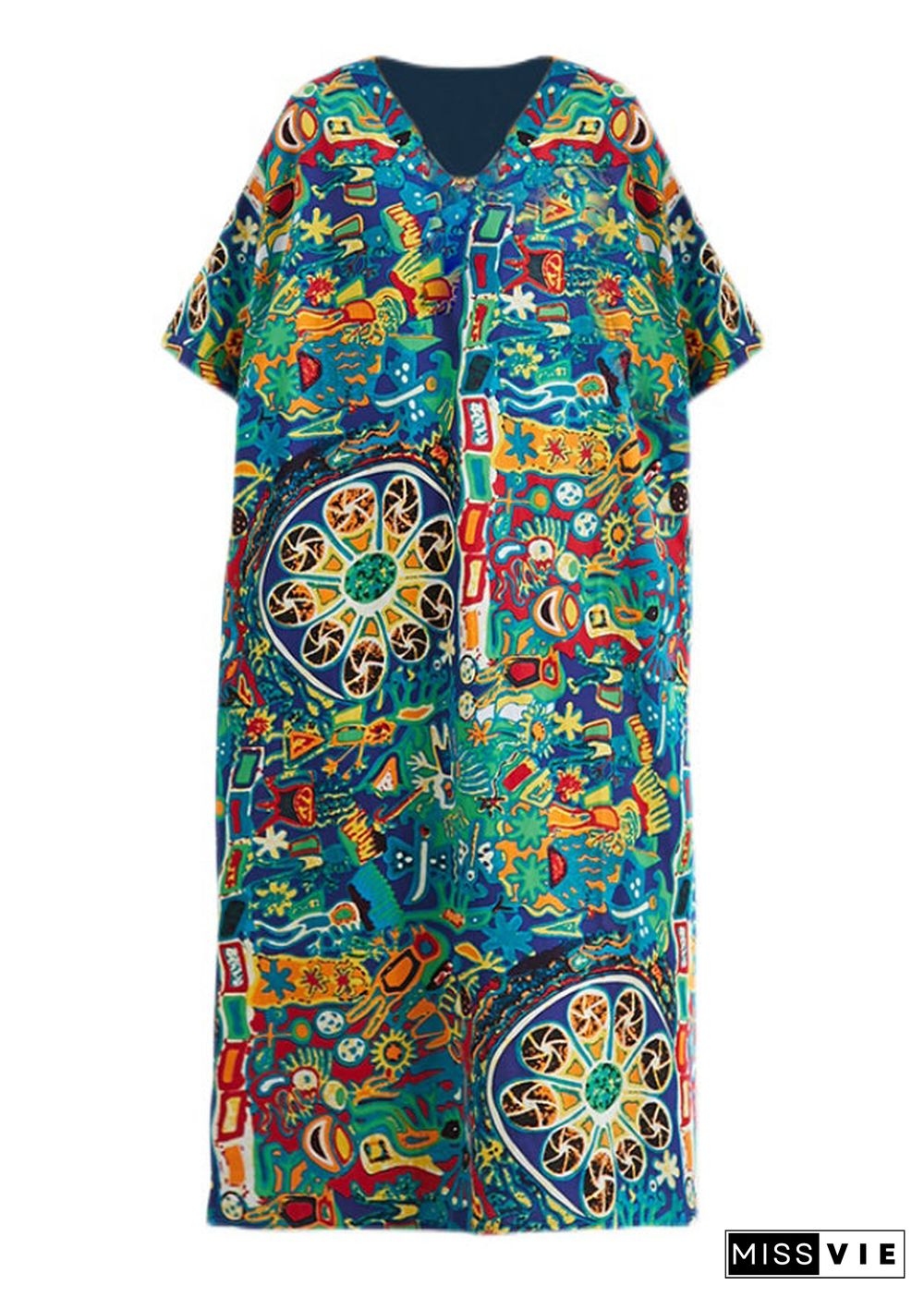 Plus Size V Neck Print Holiday Long Dress Short Sleeve