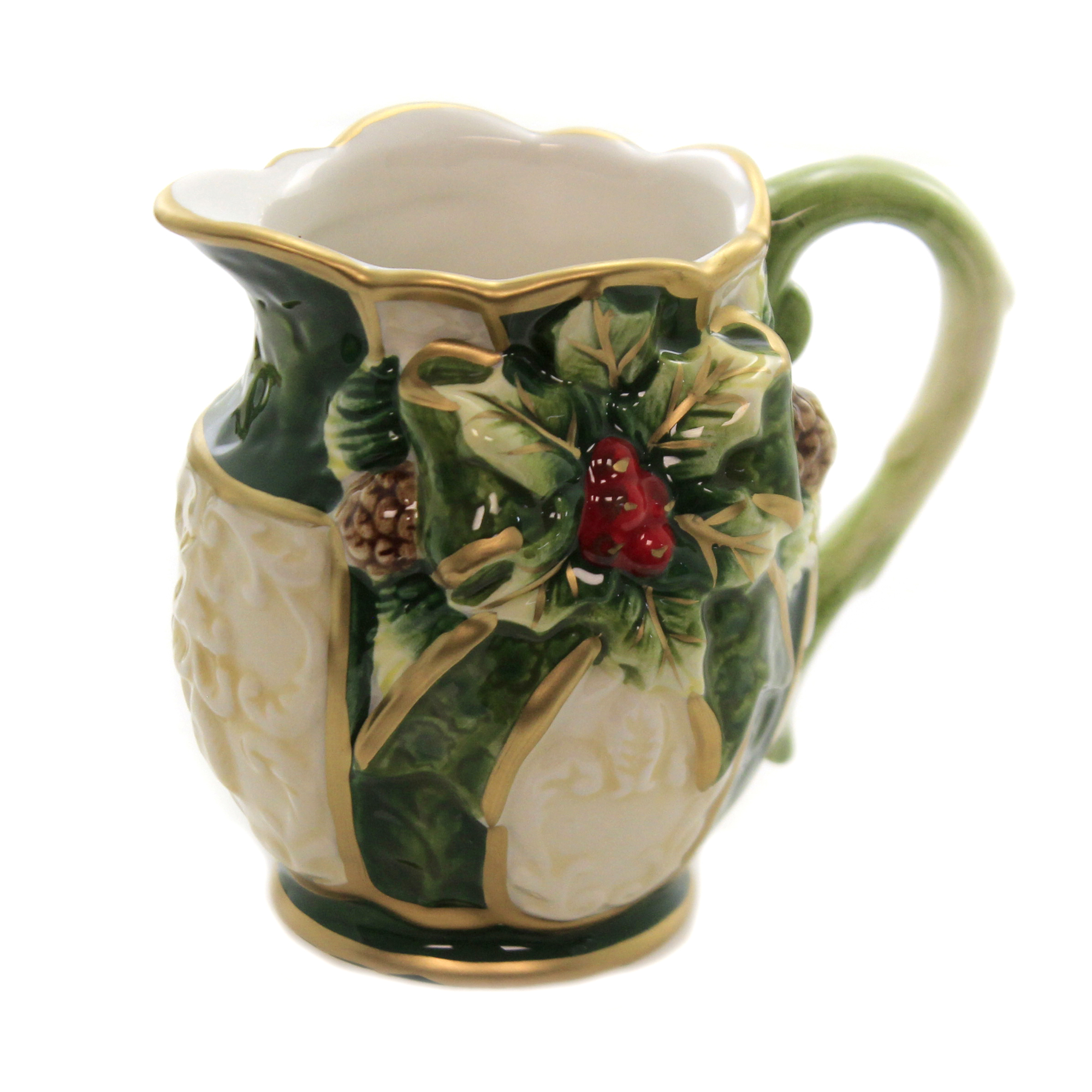 Green and White Gold-Trimmed with Holly Sugar Creamer Collectible