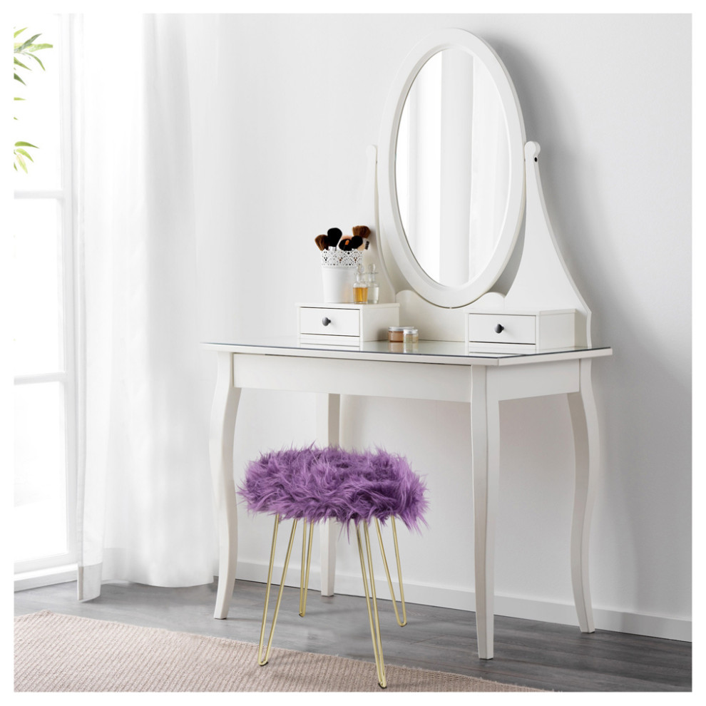 Fauxfur Purple Vanity Foot Stool With Golden Metal Legs  Set of 1   Midcentury   Vanity Stools And Benches   by specialty imports  Houzz