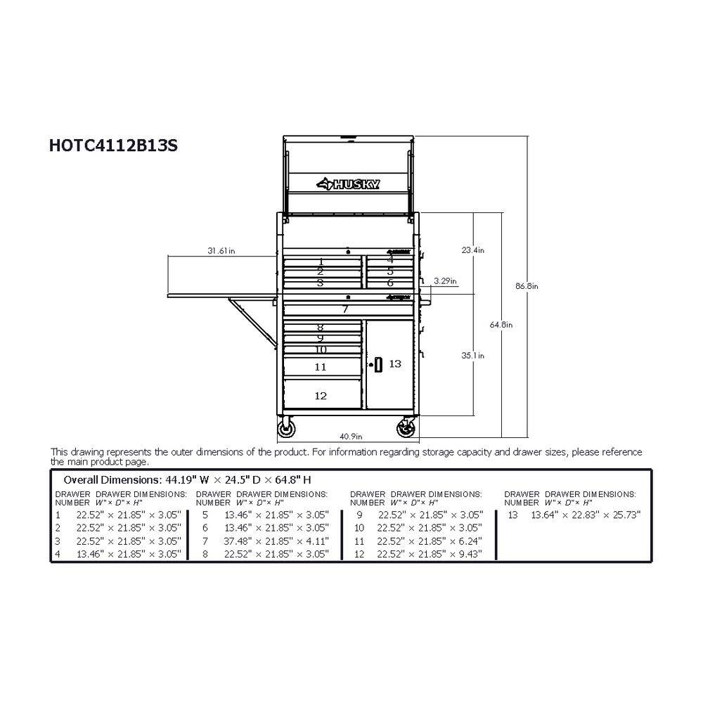 Husky 41 in. W x 24.5 in D Standard Duty 12-Drawer Rolling Tool Chest and Top Tool Cabinet with Side Table in Gloss Black HOTC4112B13S