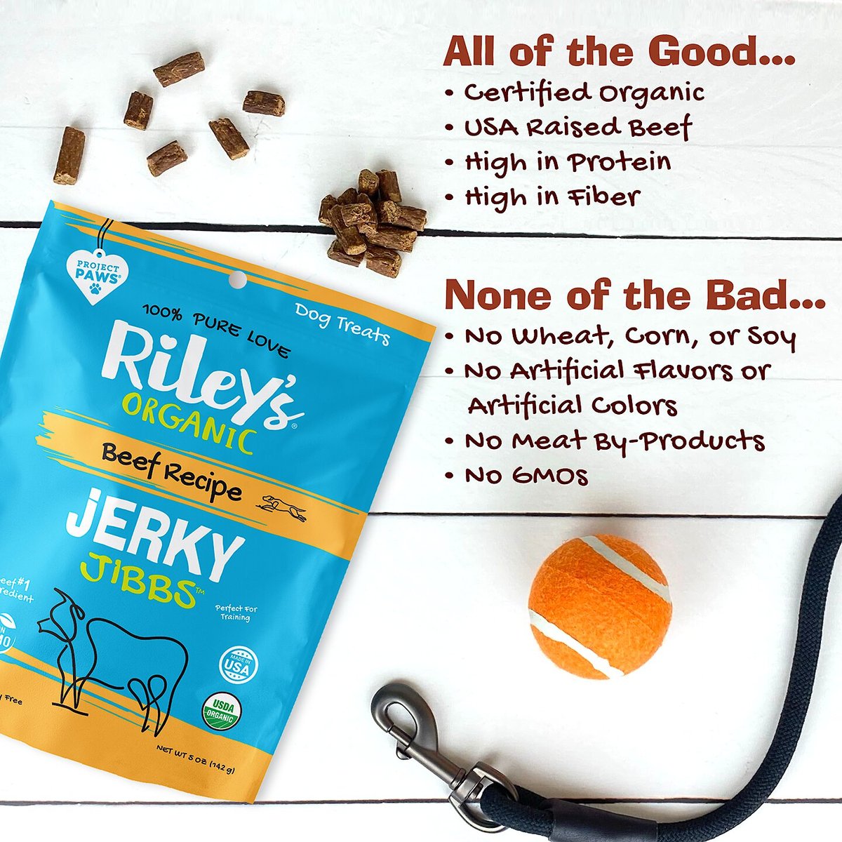 Riley's Organic Jerky Jibbs Beef Recipe Dog Treats， 5-oz pouch