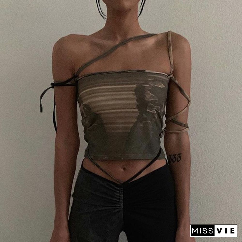 Punk Gothic Camis Grunge Lace Up Off Shoulder Women Crop Tops Hip Hop Bodycon Sleeveless Vintgae Print 90s Streetwear