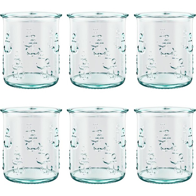 Amici Home Italian Recycled Anchor Double Old Fashioned Glasses Drinking Glassware With Green Tint Embossed Anchor Design Set Of 6 12 ounce