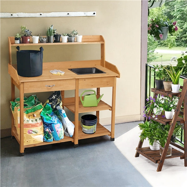 SmileMart Wooden Potting and Planter Workbench with Removable Sink Drawer