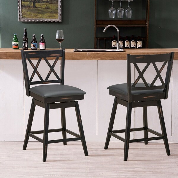 2 Pieces 24 Inch Swivel Counter Height Barstool Set with Rubber Wood Legs - 18