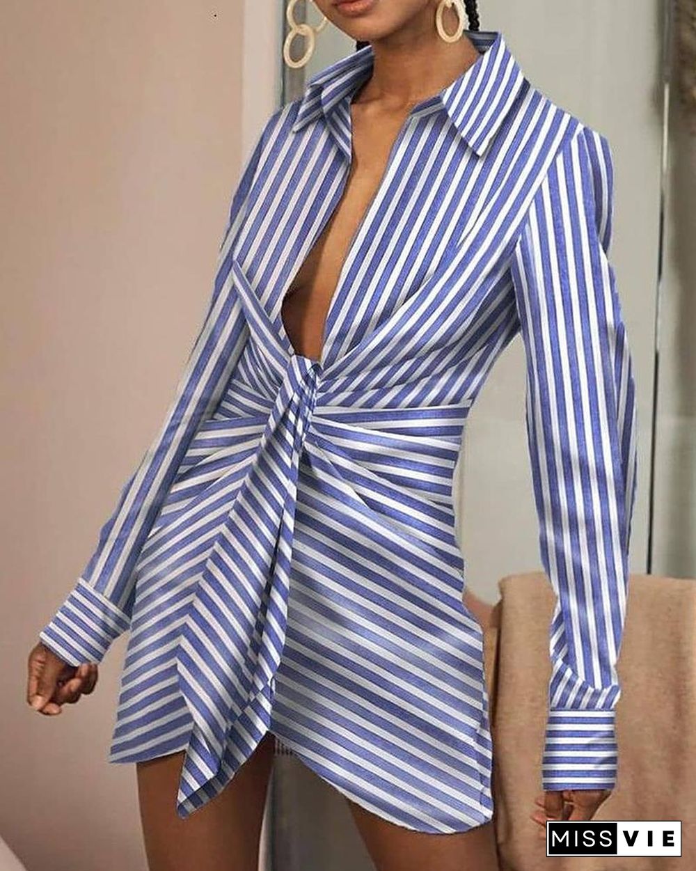 Striped Long Sleeves Asymmetrical Mini Shirt Dress