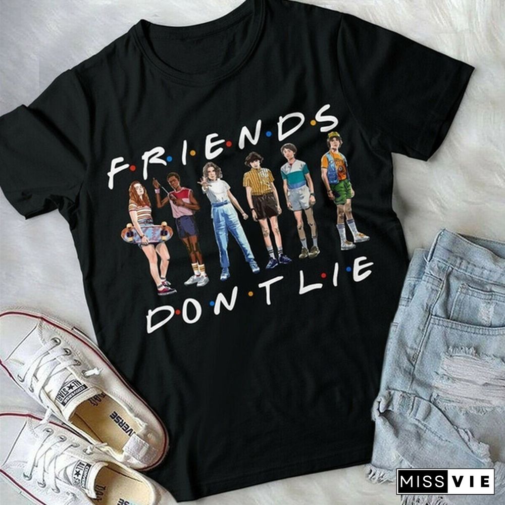 1Pcs Freind Dont Lie Six People Stand Printed T Shirt Stranger Things Letter Print Plus Size T Shirt White Short Sleeve Friends Dont Lie Printing Tees Feme Summe Tops