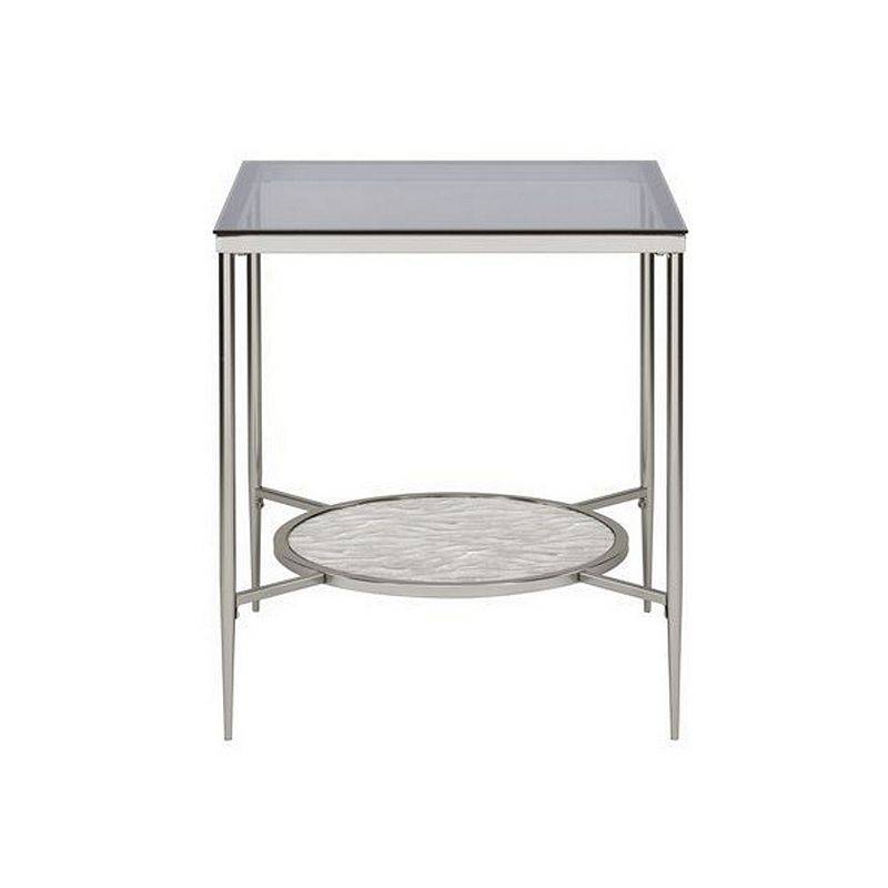 End Table with Textured Round Shelf， Silver