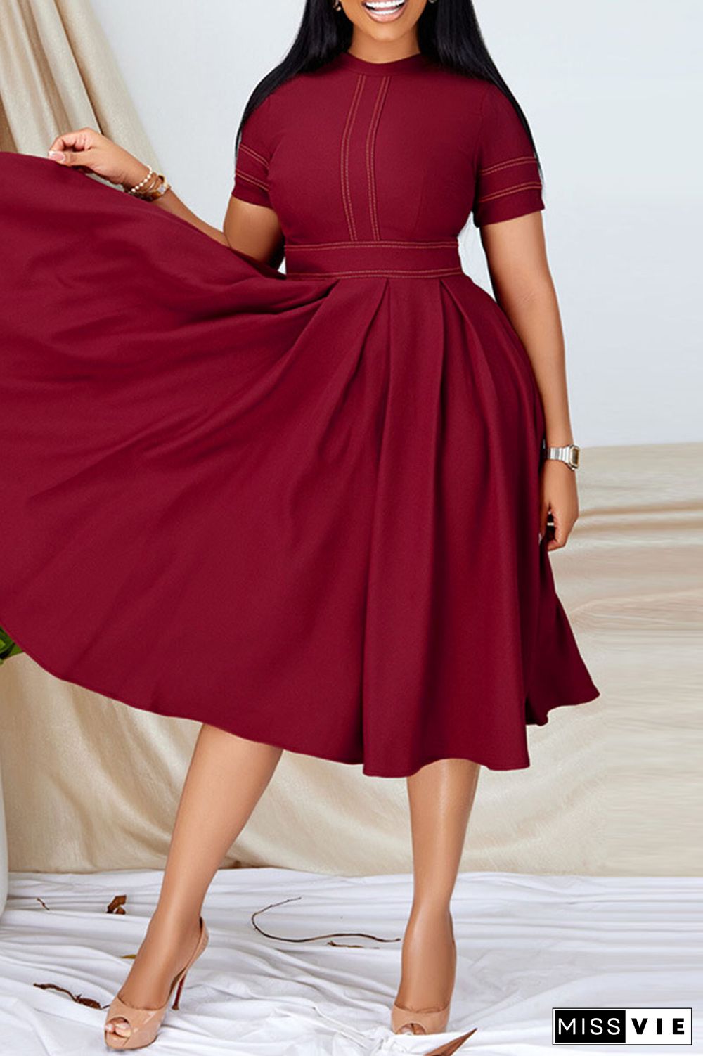 Burgundy Casual Solid Patchwork O Neck Short Sleeve Dress