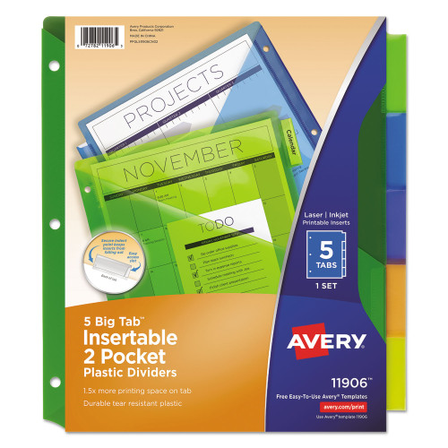 Avery Insertable Big Tab Plastic 2-Pocket Dividers， 5-Tab， 11.13 x 9.25， Assorted， 1 Set (11906)