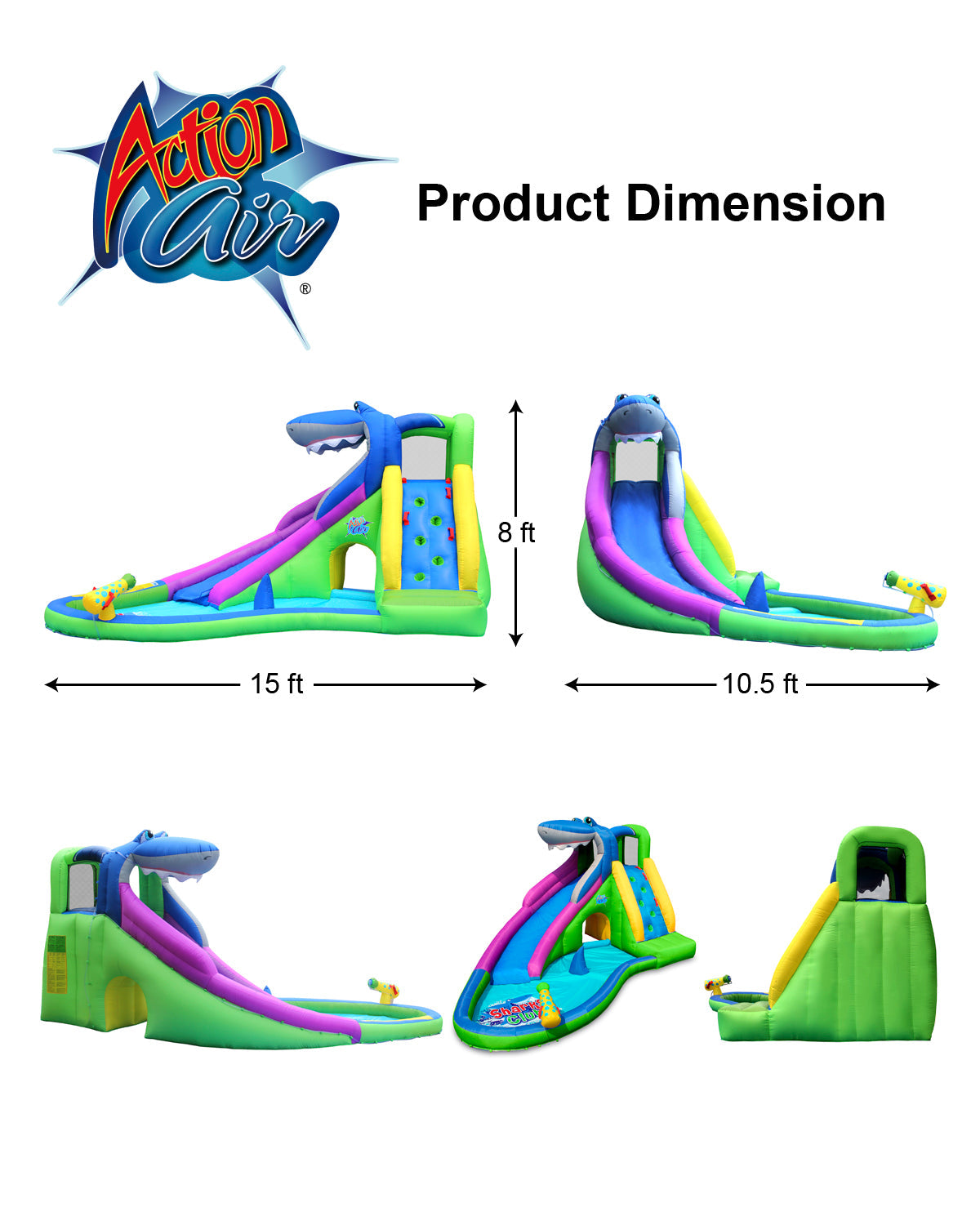 ACTION AIR Inflatable Water Slide, Backyard 15' Bounce House with Water Gun and Splash Pool for Wet and Dry Play, Christmas Gift Idea for Kids