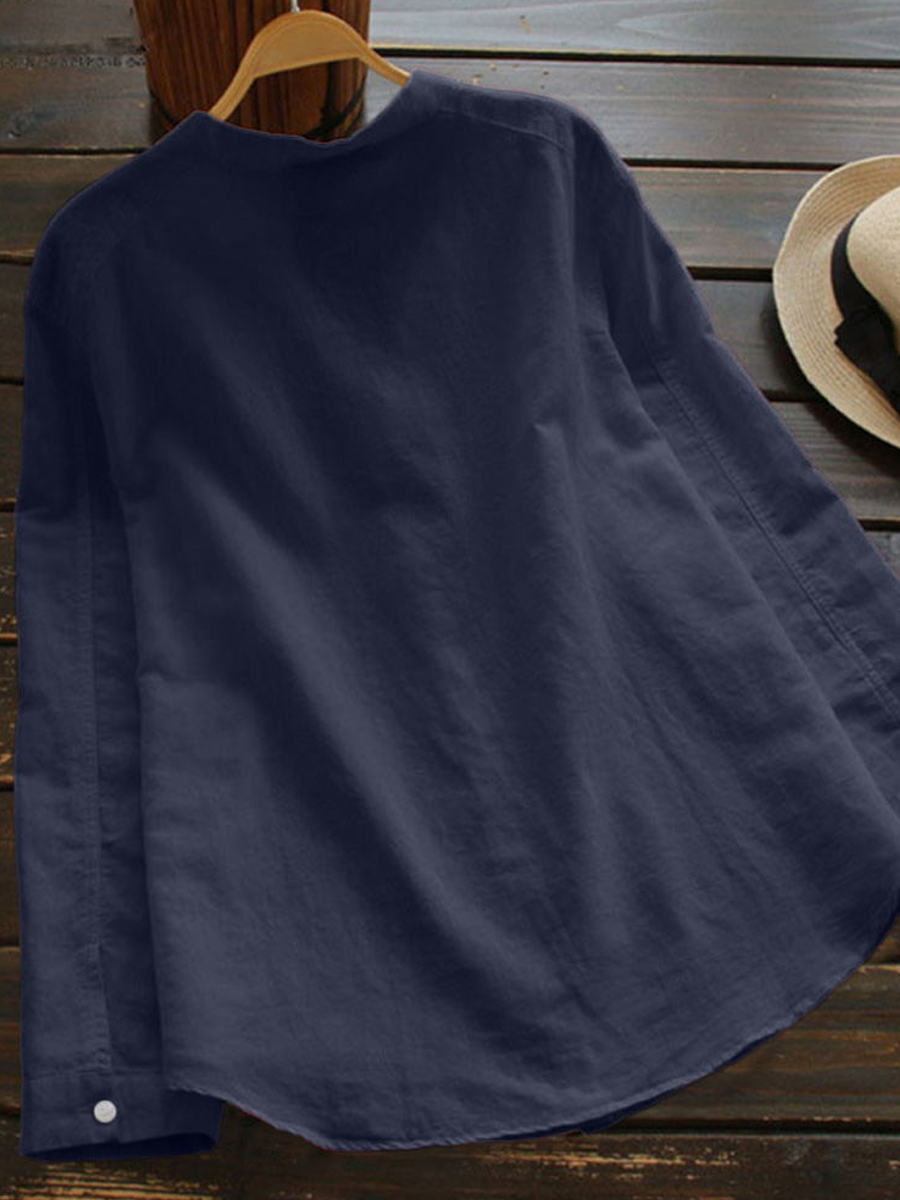 65% Off Autumn Spring V-Neck Linen Plain Shirts & Blouses