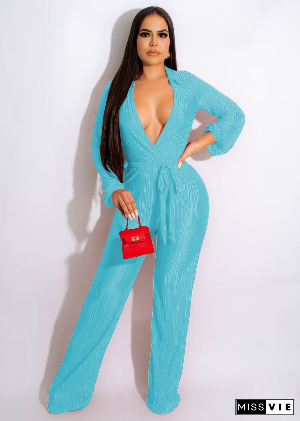 Casual Pleated High Elastic Belt Lapel Jumpsuit