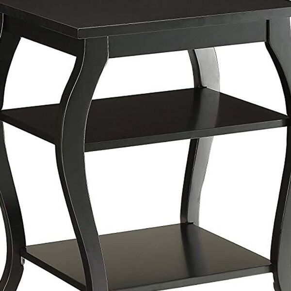 Wooden End Table with 2 Open Shelves and Cabriole Legs， Black