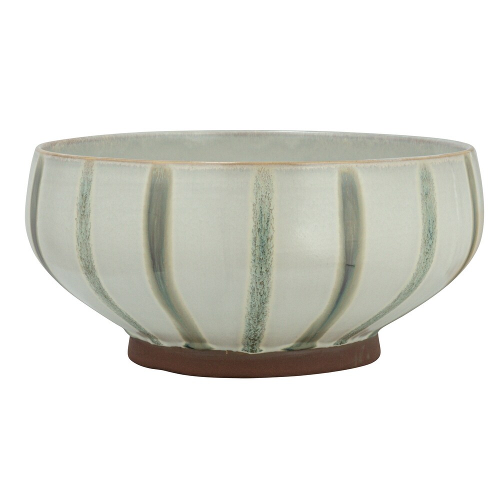 Hand Painted Stoneware Bowl with Stripes and Reactive Glaze   10.0\