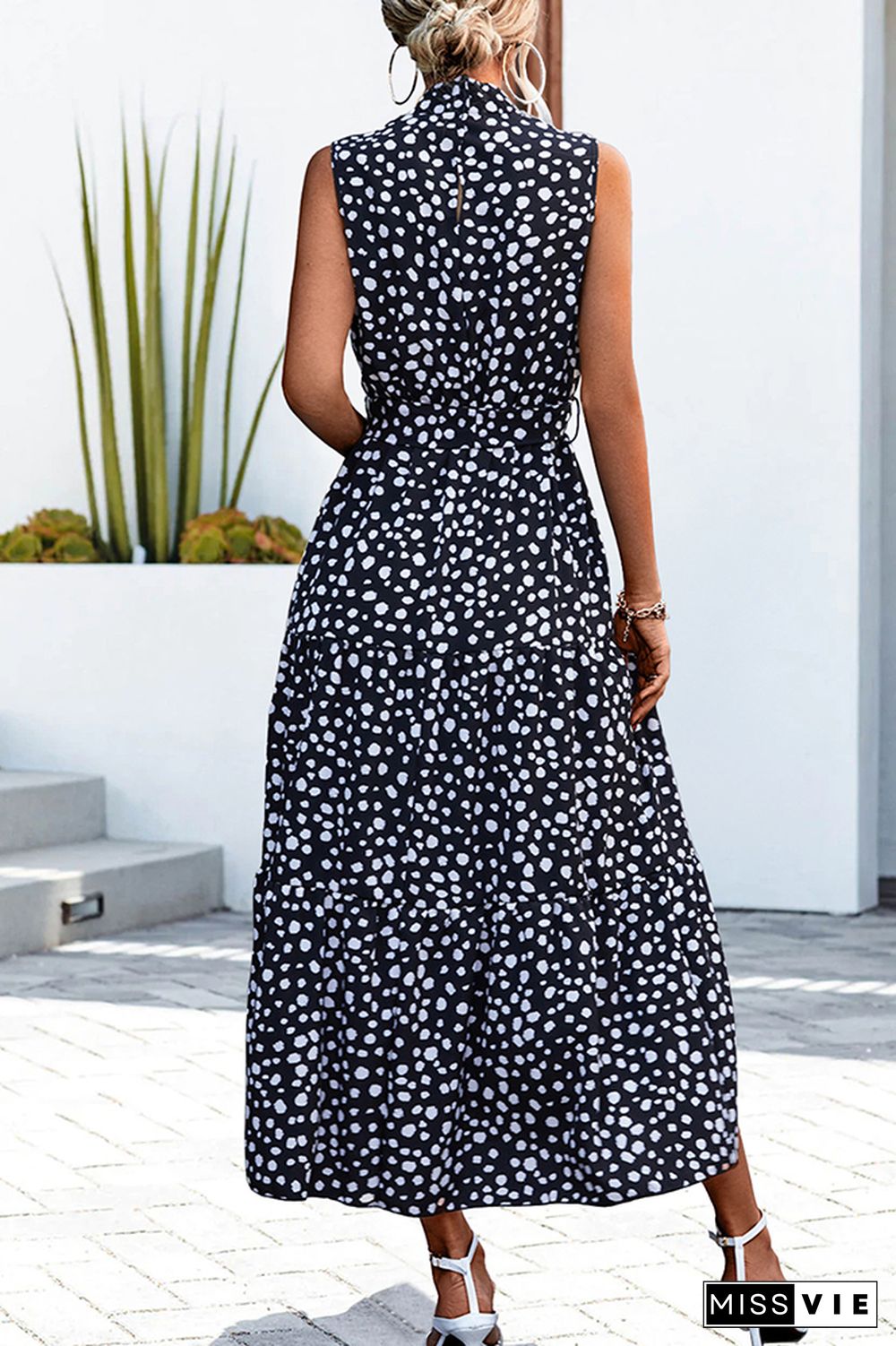 Polkadot Sleeveless Waist Tie Knot Long Dress