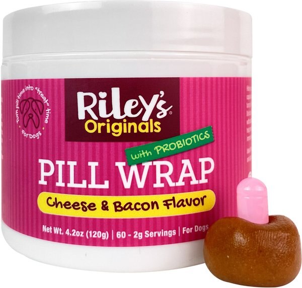 Riley's Originals Delicious Cheese and Bacon with Probiotics Pill Wrap Dog Treat， 4.2-oz jar