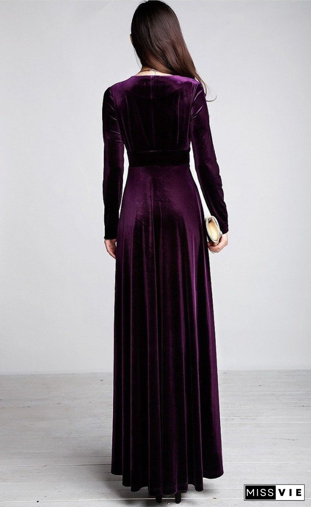 V Neck Velvet Long Sleeve Party Dress