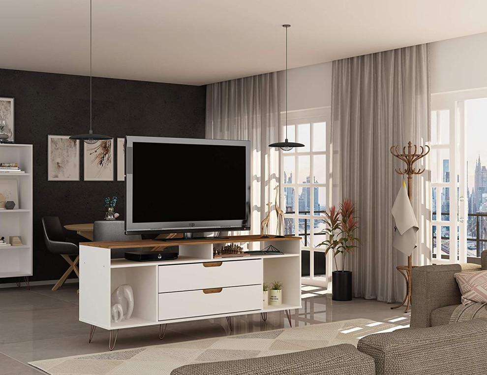 Modern TV Stand  2 Storage Drawers and 4 Open Compartments  White/Nature   Industrial   Entertainment Centers And Tv Stands   by Decorn  Houzz