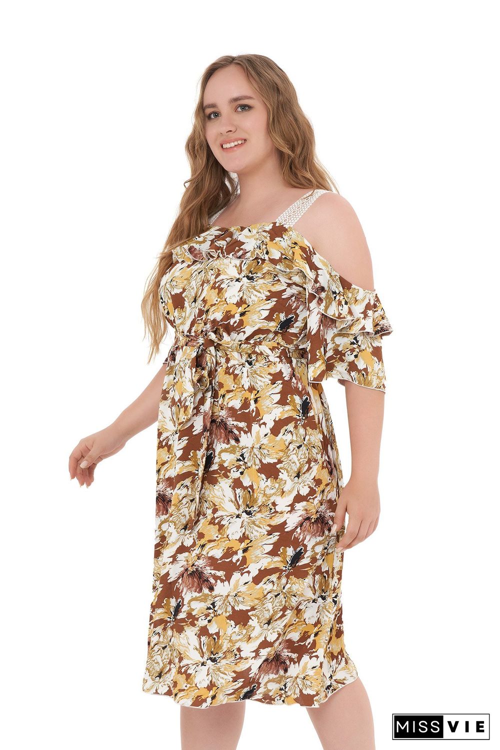 Floral Print Off-shoulder Midi Dress P11885