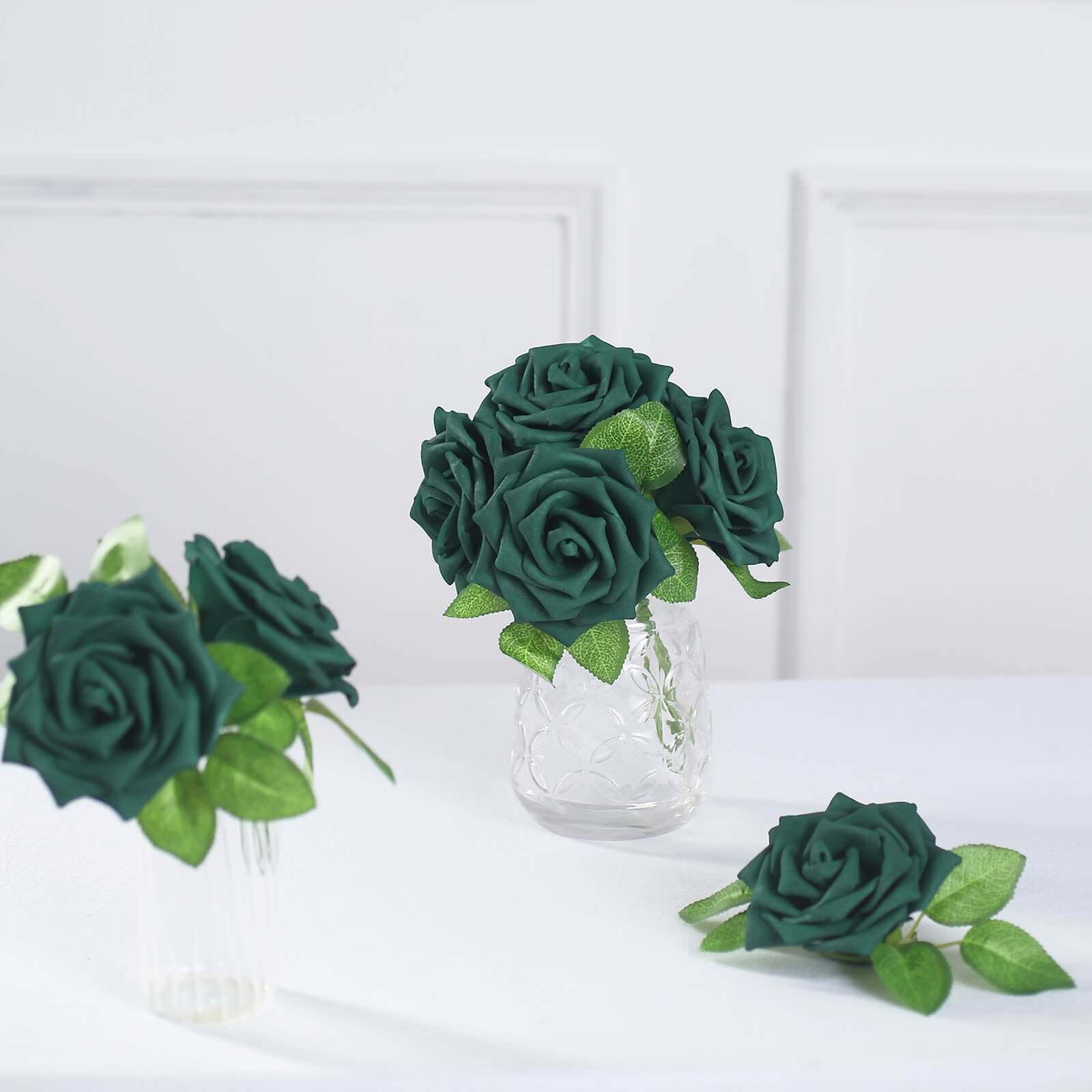 24 Roses Hunter Emerald Green Artificial Foam Flowers With Stem Wire and Leaves 5