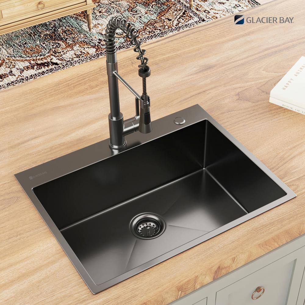 Glacier Bay 30 in. Gunmetal Black Stainless Steel Drop-inUndermount Single Bowl Kitchen Sink with Accessories ACS3022A1T