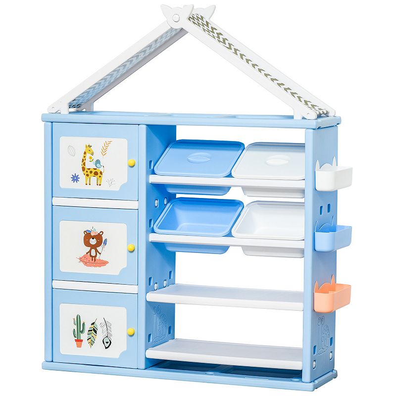 Qaba Kids Toy Storage Organizer with 4 Bins Storage Cabinets Bookshelf and 4 Layers Toy Collection Shelves Orange