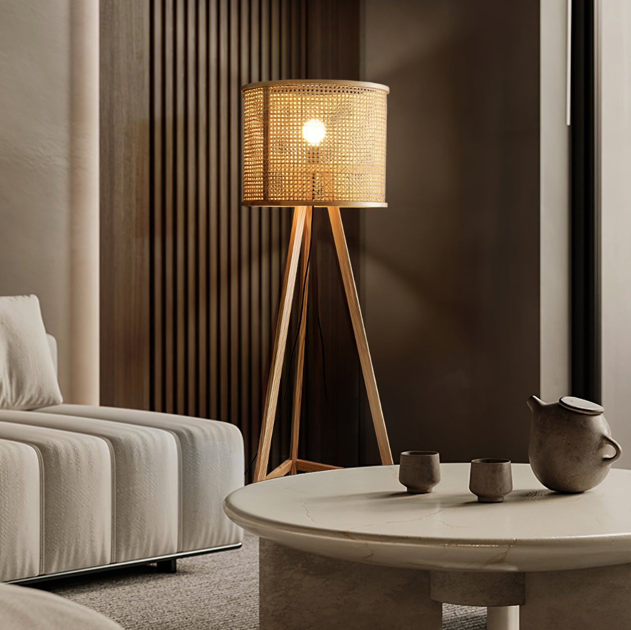 Tripod Wooden Rattan Floor Lamp