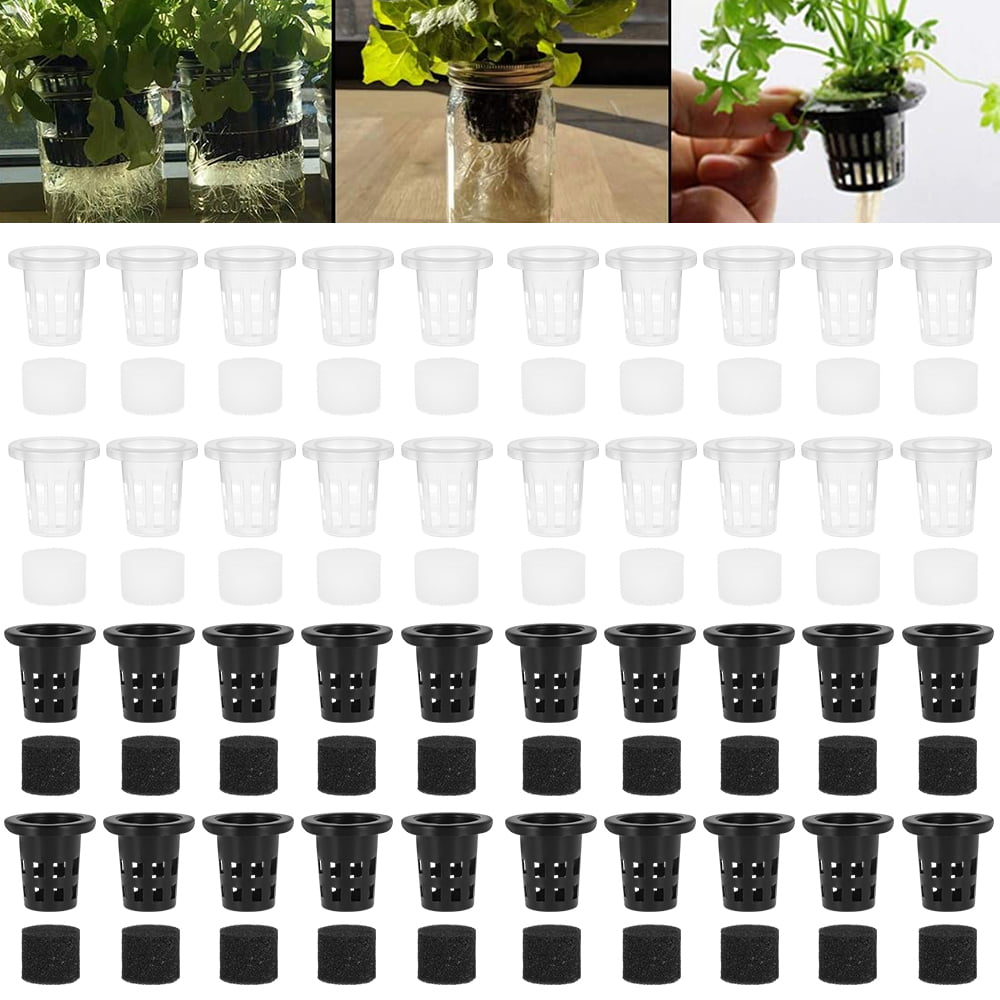 HOTBEST 100 Pcs Garden Slotted Mesh Net Cups, Planting Cups, Net Cups Pots, Plant Basket Hydroponic, with 100pcs Sponges Filter Plant Net Pot Bucket Basket for Hydroponics