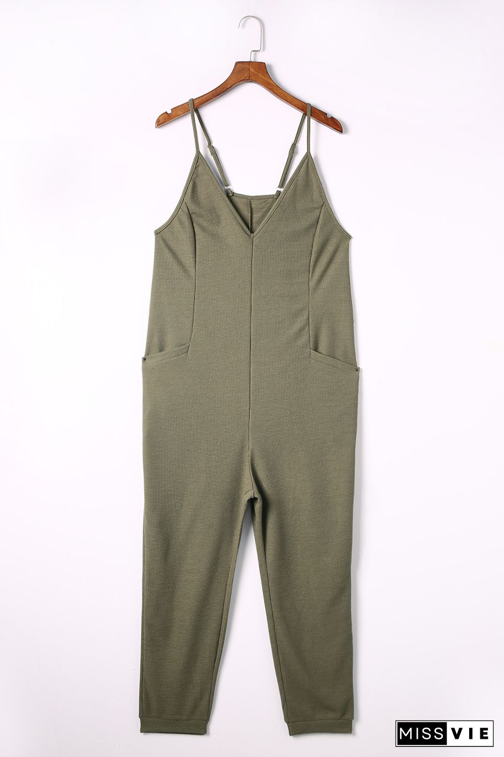 Green Textured Sleeveless V-Neck Pocketed Casual Jumpsuit