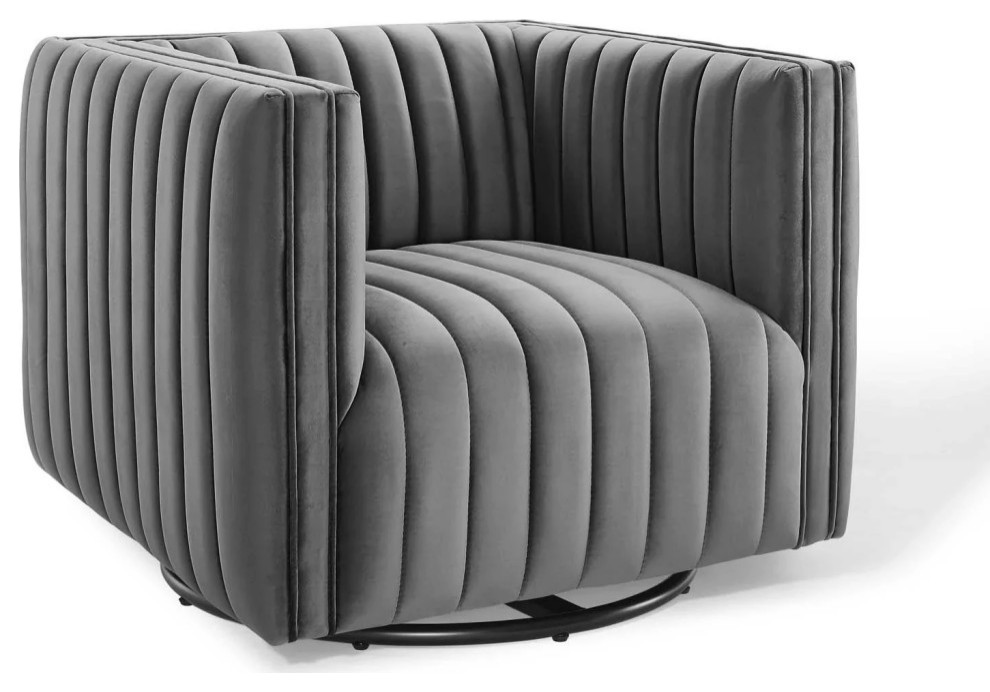 Aria Gray Channel Tufted Performance Velvet Swivel Armchair   Transitional   Armchairs And Accent Chairs   by Love Sofa  Houzz